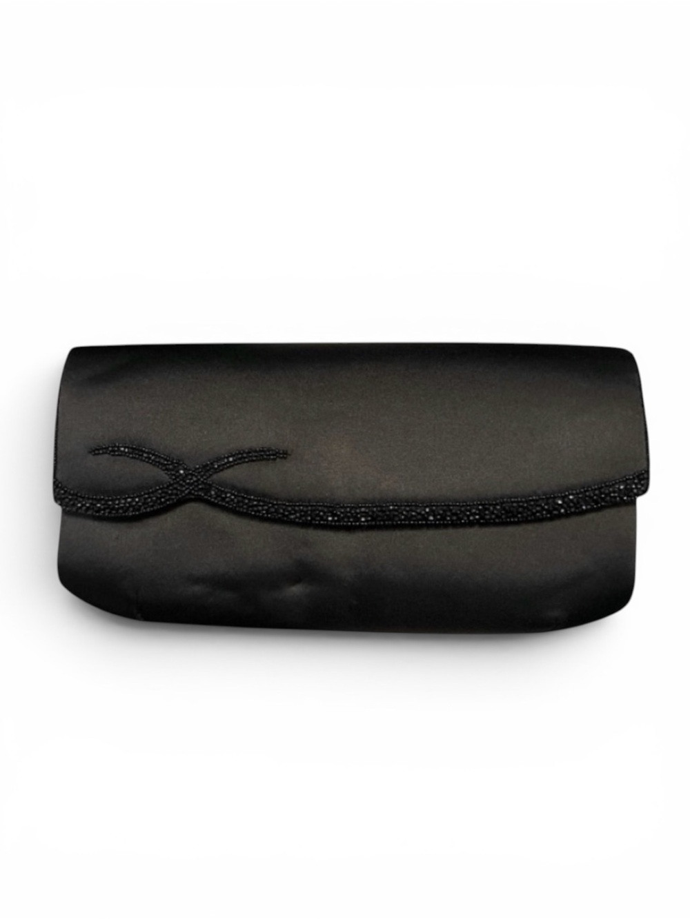 Vintage Made in Spain Black Satin Beaded Envelope Clutch Bag